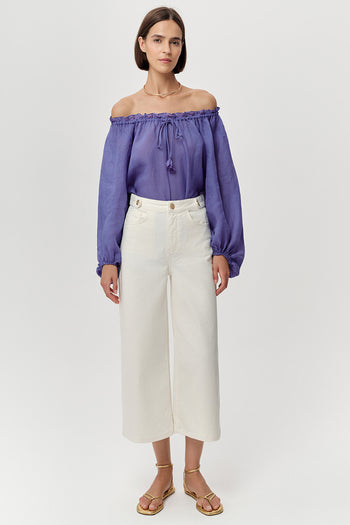 Yüksek Bel Cepli Regular Culotte Denim Beyaz Pantolon