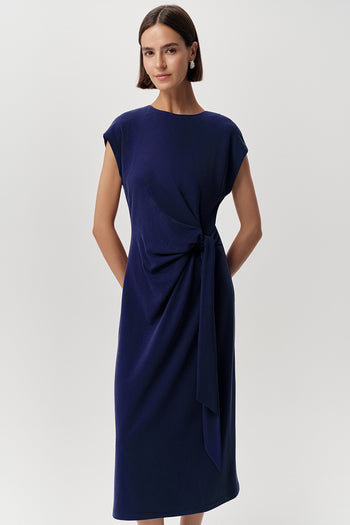 Bisiklet Yaka Fermuarlı Midi Regular Örme Lacivert Elbise