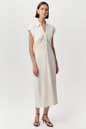 Gömlek Yaka Beli Büzgülü Düğmeli Midi Slim Fit Örme Kemik Elbise