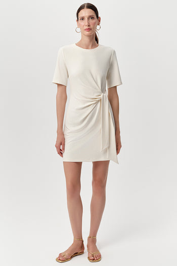 Bisiklet Yaka Belden Bağlamalı Mini Regular Örme Ekru Elbise