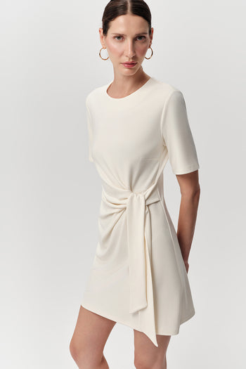 Bisiklet Yaka Belden Bağlamalı Mini Regular Örme Ekru Elbise