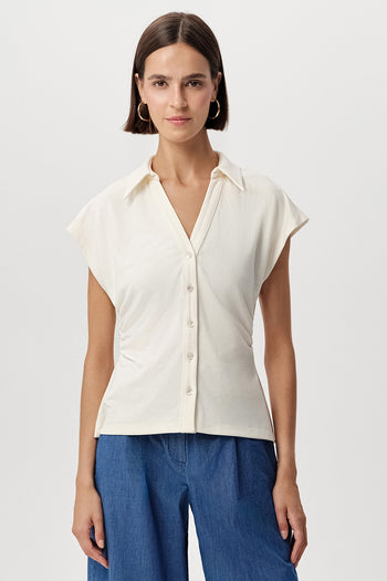 Kısa Kollu Düğmeli Beli Büzgülü Slim Fit Örme Kemik Gömlek