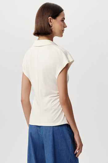 Kısa Kollu Düğmeli Beli Büzgülü Slim Fit Örme Kemik Gömlek