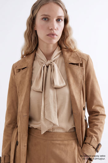 Süet Kuşaklı Astarlı Vatkalı Regular Camel Trençkot