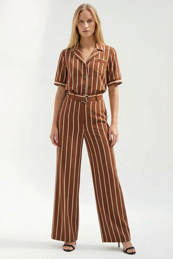 Çizgili ve Kemerli Bol Paça Pantolon