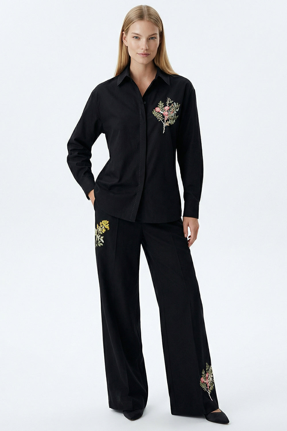 Saf Keten İşlemeli Yüksek Bel Bol Kesim Siyah Pantolon