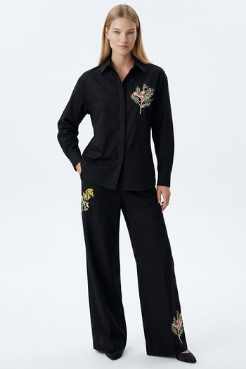 Saf Keten İşlemeli Yüksek Bel Bol Kesim Siyah Pantolon