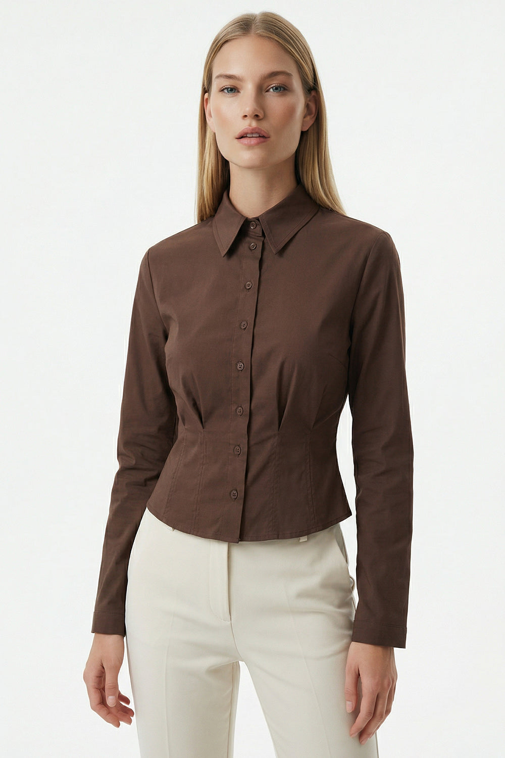 Gömlek Yaka Uzun Kollu Pile Detaylı Crop Regular Kahve Gömlek