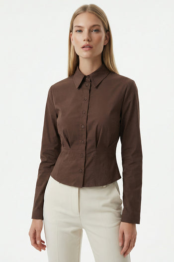 Gömlek Yaka Uzun Kollu Pile Detaylı Crop Regular Kahve Gömlek