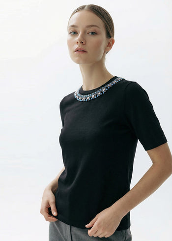 Bisiklet Yaka İşlemeli Kısa Kollu Regular Örme T-Shirt