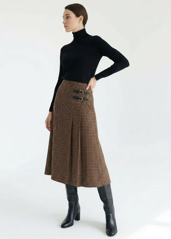 Çift Tokalı Ekose Desen Midi Dokuma Kloş Etek