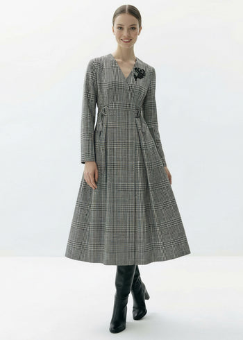 Ekose Beli Kemer Detaylı Anvelop Slim Fit Midi Elbise