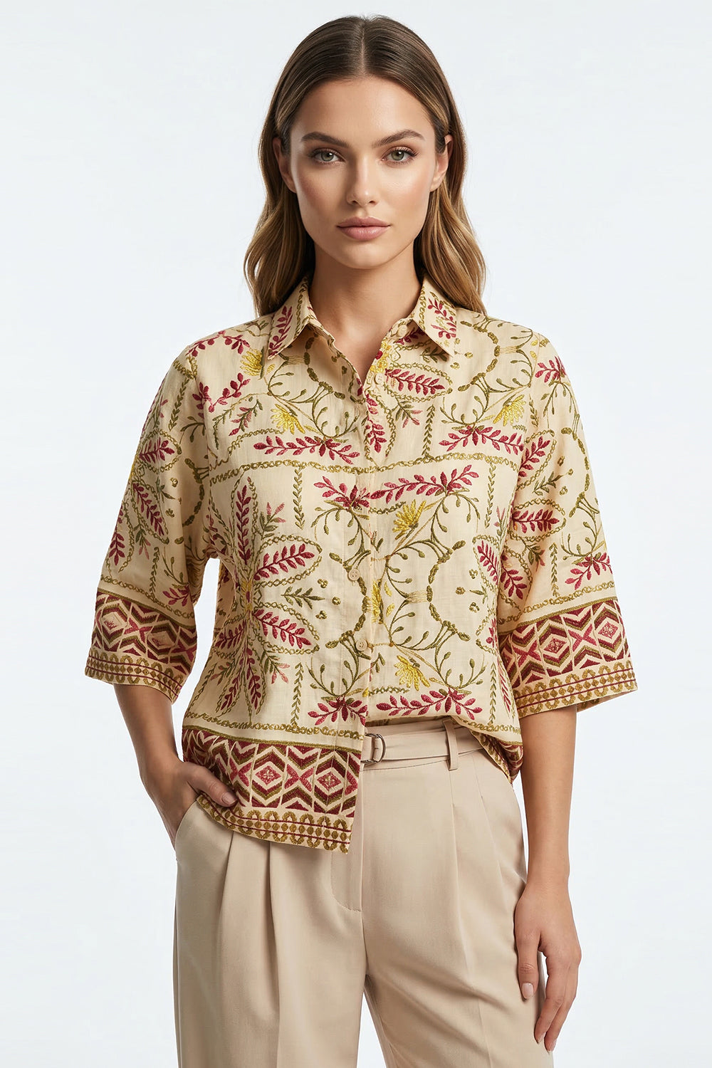 Gömlek Yaka Kısa Kollu Regular Rami Keten Çok Renkli Gömlek