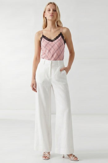 Yüksek Bel Fermuarlı Cepli Geniş Paça Regular Ekru Pantolon