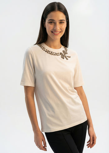 Yakası İşlemeli Kısa Kollu Örme Regular T-Shirt