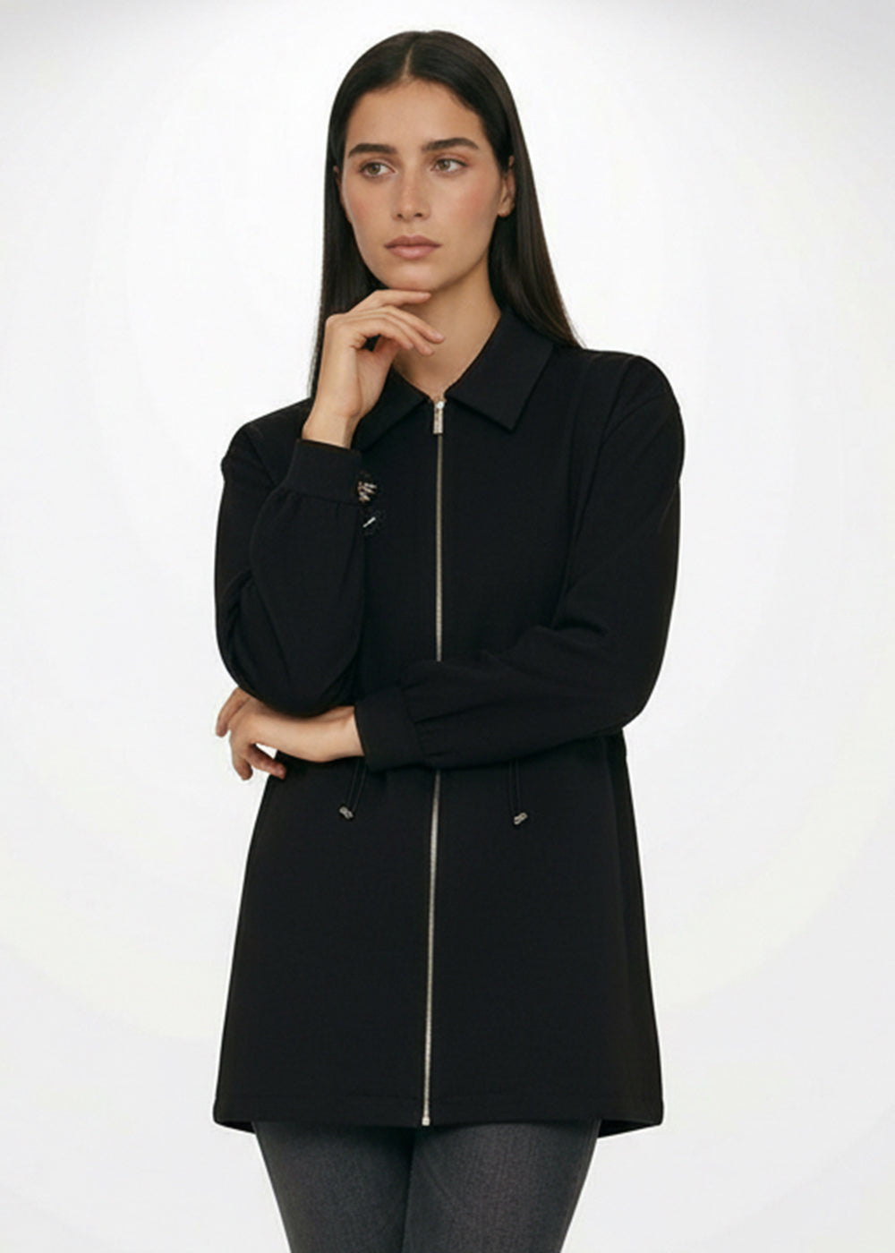 Beli Bağcıklı Örme İşlemeli Sweatshirt