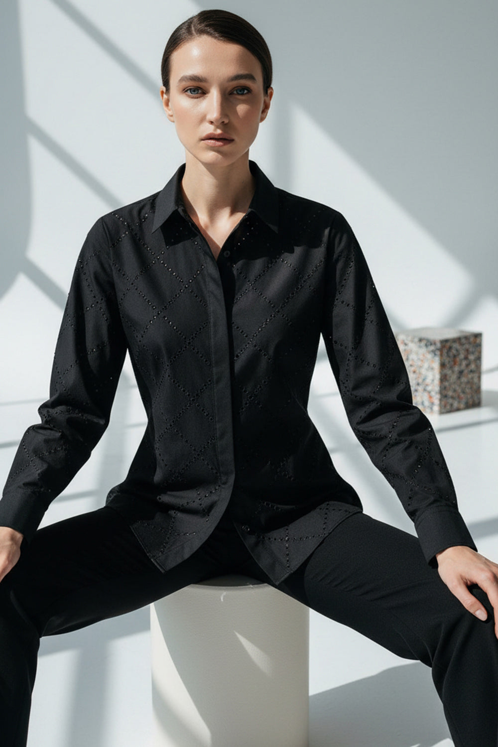 Taş Desenli Cepsiz Uzun Kol Regular Pamuk Gömlek