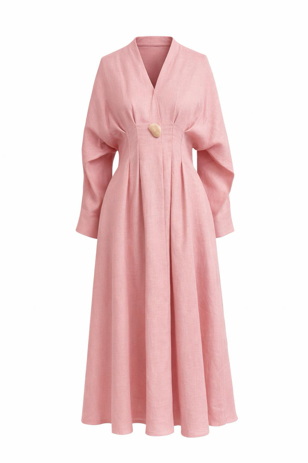 Uzun Kollu Bele Oturan V Yaka Slim Fit Keten Midi Pembe Elbise