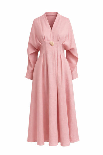Uzun Kollu Bele Oturan V Yaka Slim Fit Keten Midi Pembe Elbise