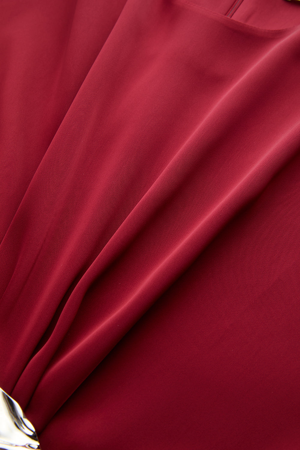 Bisiklet Yaka Metal Tokalı Beli Drapeli Volanlı Bordo Bluz