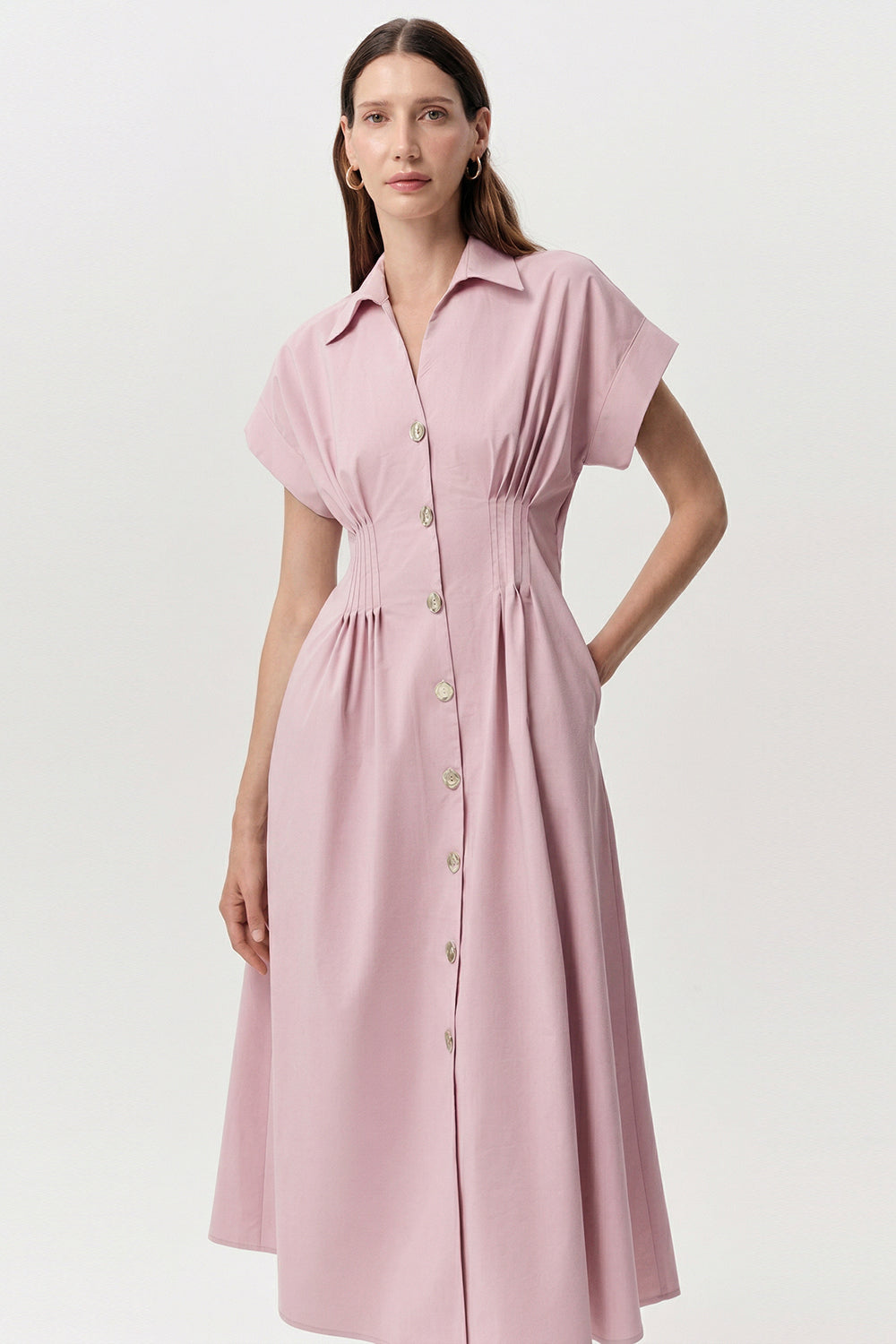 Gömlek Yaka Bele Oturan Lastikli Cepli Regular Midi Pembe Elbise