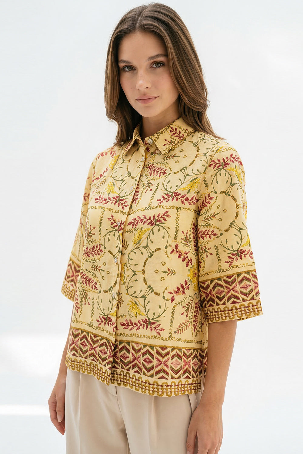 Gömlek Yaka Kısa Kollu Regular Rami Keten Çok Renkli Gömlek