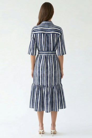 Gömlek Yaka Kısa Kollu Kuşaklı Regular Midi Saks Kemik Elbise