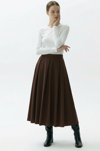 Pileli Cepli Dokuma Midi Etek