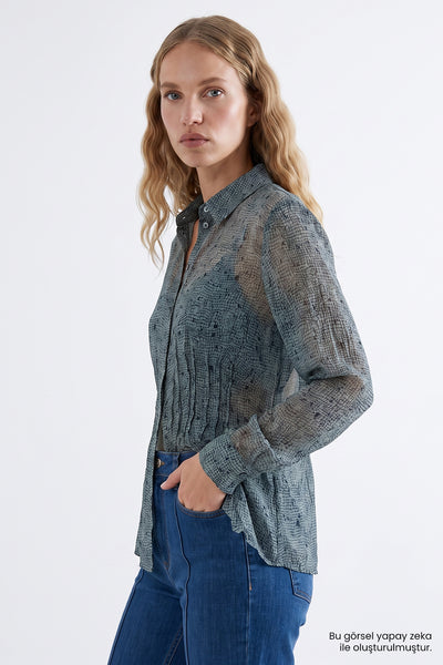 Astarlı Beli Nervür Dikişli Slim Fit Şifon Çok Renkli Gömlek
