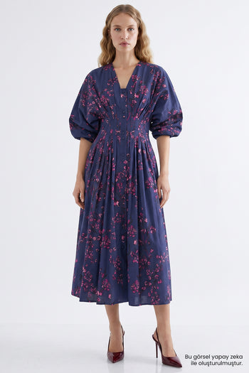 Reglan Kol V Yaka Beli Pileli Regular Midi Çok Renkli Elbise