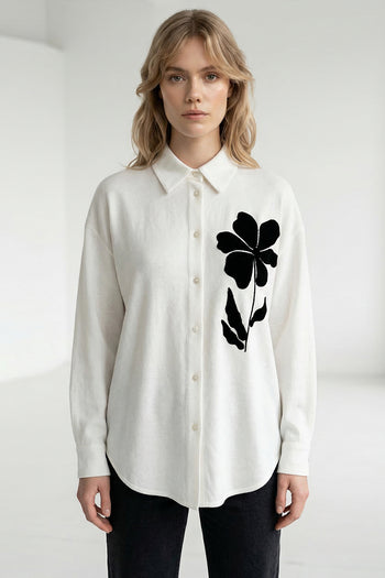 Gömlek Yakalı Uzun Kollu Aplike Nakışlı Keten Regular Beyaz Gömlek