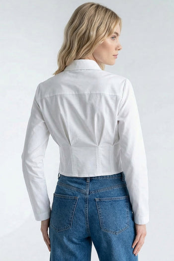Gömlek Yaka Uzun Kollu Pile Detaylı Crop Regular Beyaz Gömlek