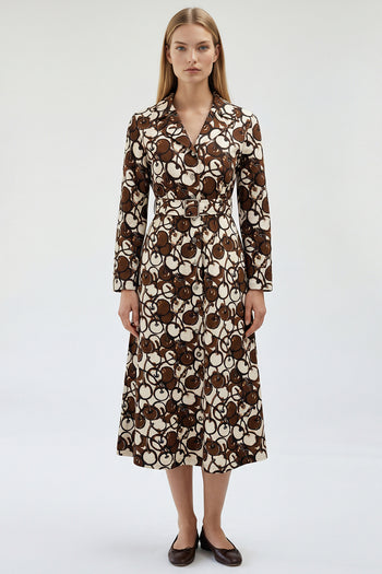 Uzun Kol Bele Oturan Önden Düğmeli Maksi Boy Kahverengi Elbise