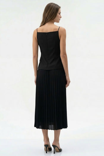 Kolsuz Pliseli Keten Garnili Regular Midi Siyah Elbise