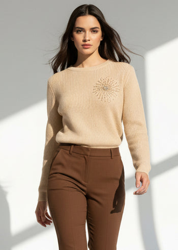 Taş Detaylı Uzun Kollu Kemik Triko Kazak