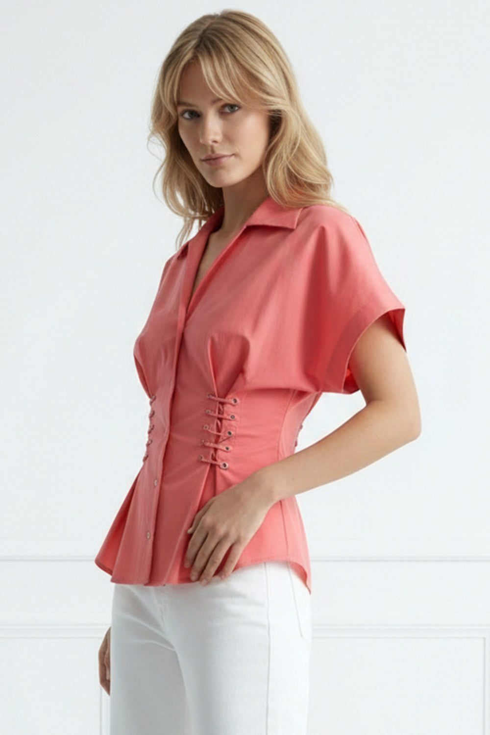 Gömlek Yaka Bağcık Detaylı Bele Oturan Regular Pembe Gömlek