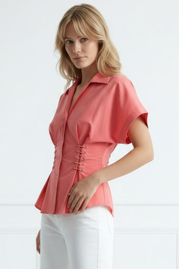 Gömlek Yaka Bağcık Detaylı Bele Oturan Regular Pembe Gömlek