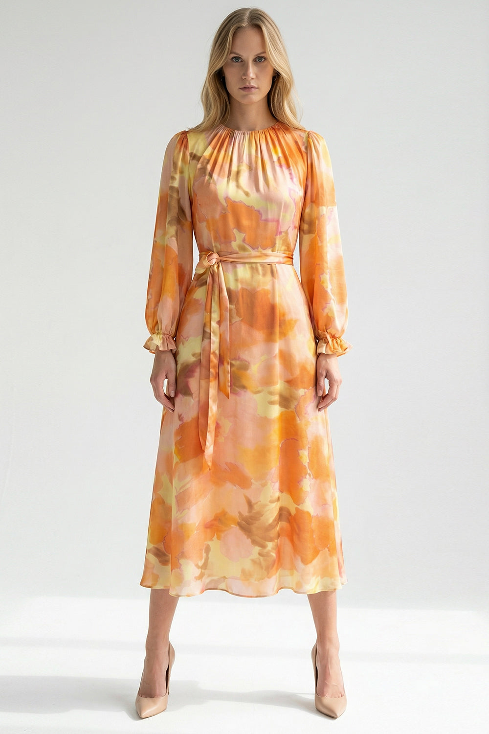 Bisiklet Yaka Uzun Kol Bol Kesim Desenli Elbise