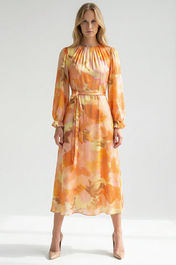 Bisiklet Yaka Uzun Kol Bol Kesim Desenli Elbise