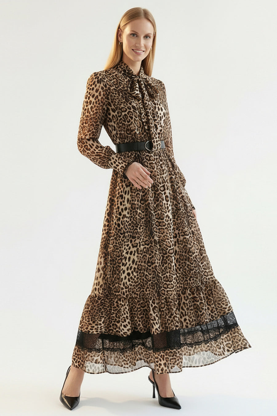 Leoper Desenli Kemerli Regular Maxi Çok Renkli Elbise