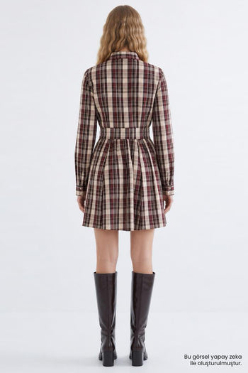 Beli Büzgülü Kuşaklı Fermuarlı Regular Mini Çok Renkli Elbise