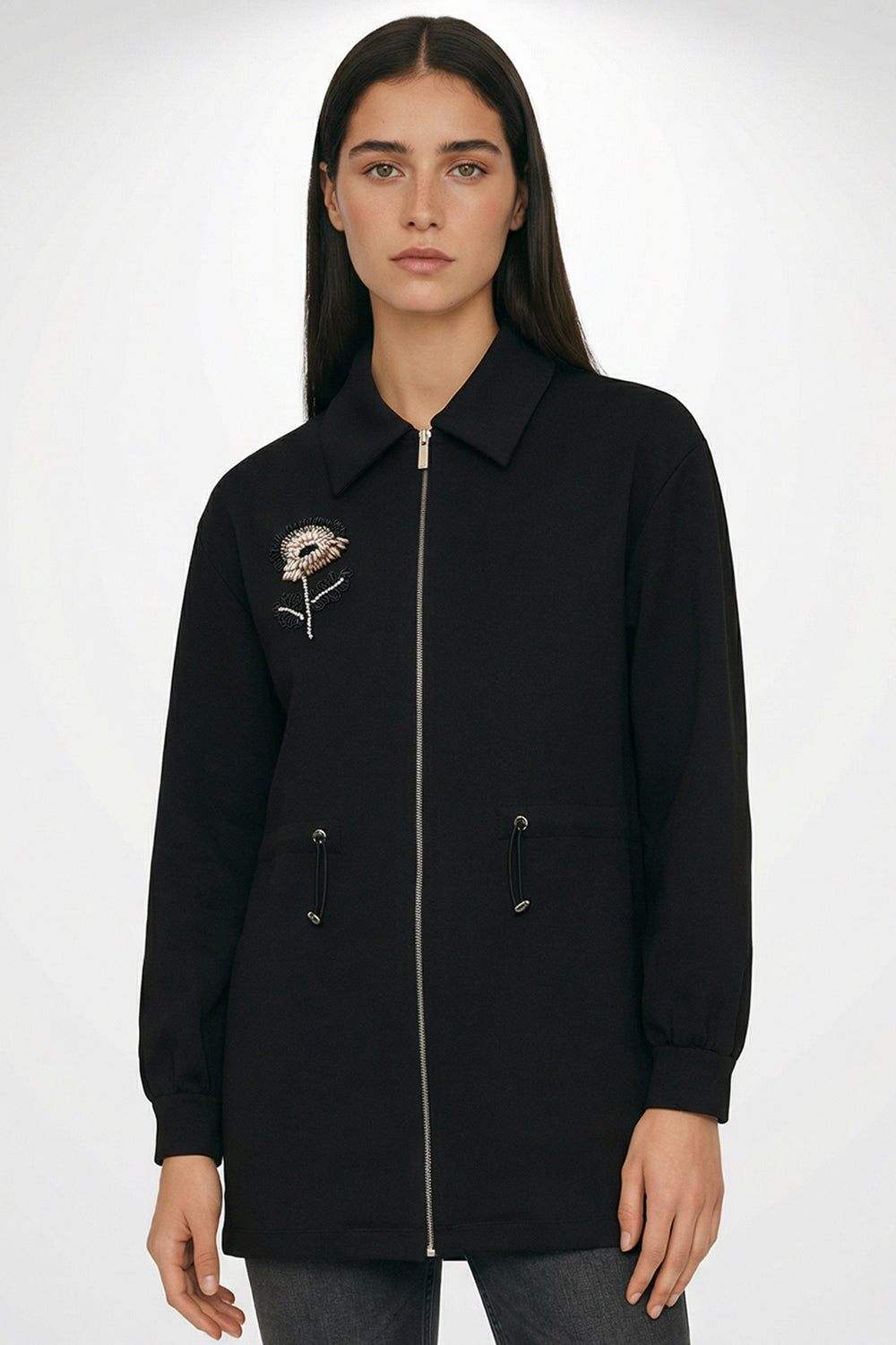 Beli Bağcıklı Örme İşlemeli Sweatshirt