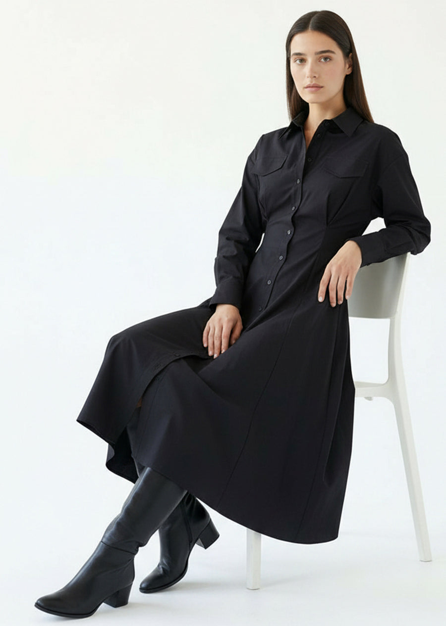 Gömlek Yaka Uzun Kollu Siyah Slim Fit Midi Elbise