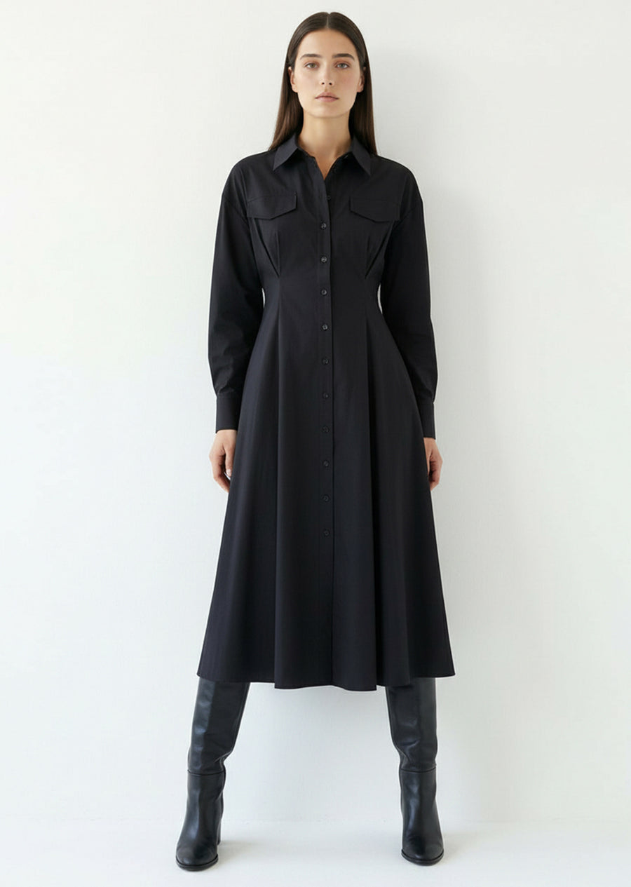 Gömlek Yaka Uzun Kollu Siyah Slim Fit Midi Elbise