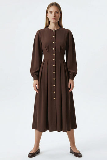 Uzun Kol Bele Oturan Bisiklet Yaka Midi Kahve Elbise