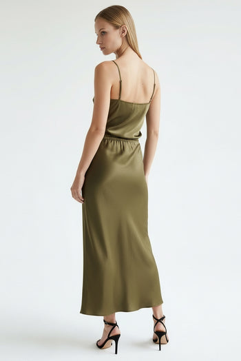 Saten Yüzeyli Bağcıklı Regular Dokuma Midi Etek