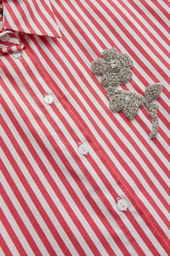 Taş İşleme Detaylı Lacivert Beyaz Oversize Çizgili Poplin Gömlek