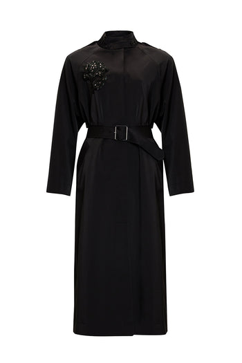 Taş İşlemeli Dik Yaka Kemerli Regular Trençkot