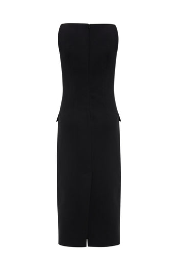 Kayık Yaka Kolsuz Regular Dokuma Siyah Midi Elbise