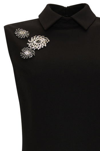 Gömlek Yaka Aksesuar İşlemeli Kolsuz Regular Mini Siyah Elbise